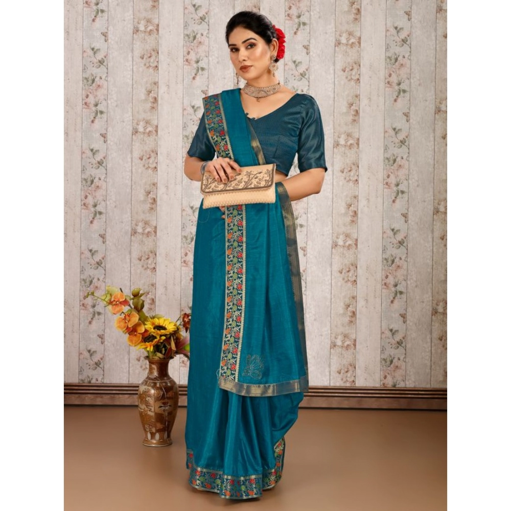 Generic Women's Vichitra Swiroshki Butta Saree With Unstitched Blouse (Teal Blue, 5-6 Mtrs) Generic Women's Vichitra Swiroshki Butta Saree With Unstitched Blouse (Teal Blue, 5-6 Mtrs)
