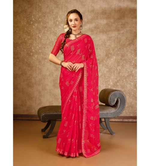 Generic Women's Zomto Patta Chiffon Saree With Unstitched Blouse (Pink, 5-6 Mtrs)