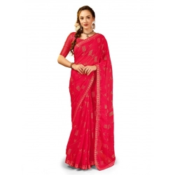 Generic Women's Zomto Patta Chiffon Saree With Unstitched Blouse (Pink, 5-6 Mtrs)