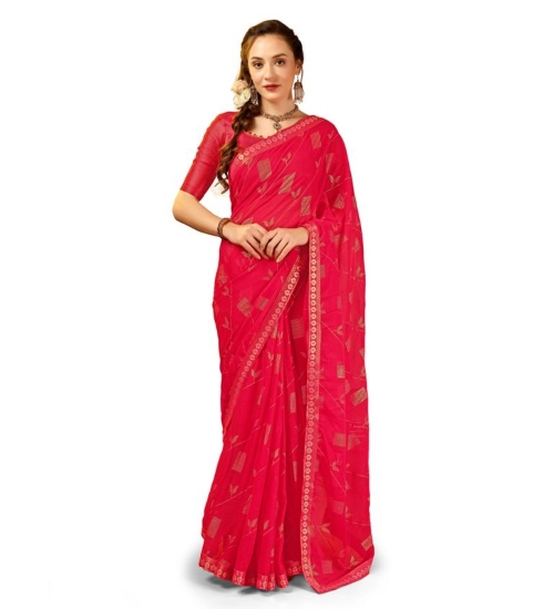 Generic Women's Zomto Patta Chiffon Saree With Unstitched Blouse (Pink, 5-6 Mtrs)