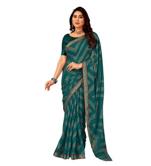 Generic Women's Zomto Zig Zag Saree With Unstitched Blouse (Teal Blue, 5-6 Mtrs)
