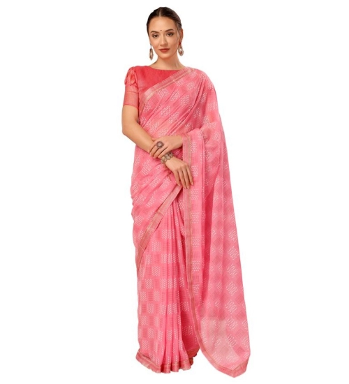 Generic Women's Zomto Checked Saree With Unstitched Blouse (Pink, 5-6 Mtrs)