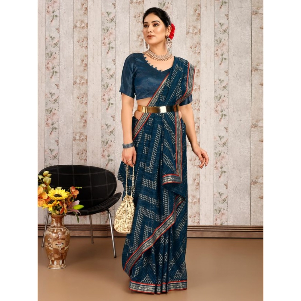 Generic Women's Zomto Zig Zag Saree With Unstitched Blouse (Blue, 5-6 Mtrs) Generic Women's Zomto Zig Zag Saree With Unstitched Blouse (Blue, 5-6 Mtrs)