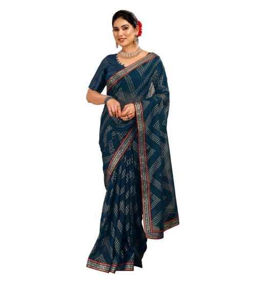 Generic Women's Zomto Zig Zag Saree With Unstitched Blouse (Blue, 5-6 Mtrs)