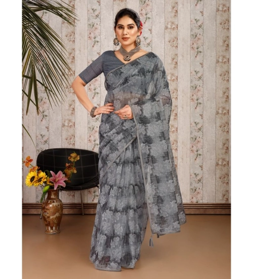 Generic Women's Linen Floral Printed Saree With Unstitched Blouse (Grey, 5-6 Mtrs)