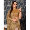 Generic Women's Linen Floral Printed Saree With Unstitched Blouse (Brown, 5-6 Mtrs)