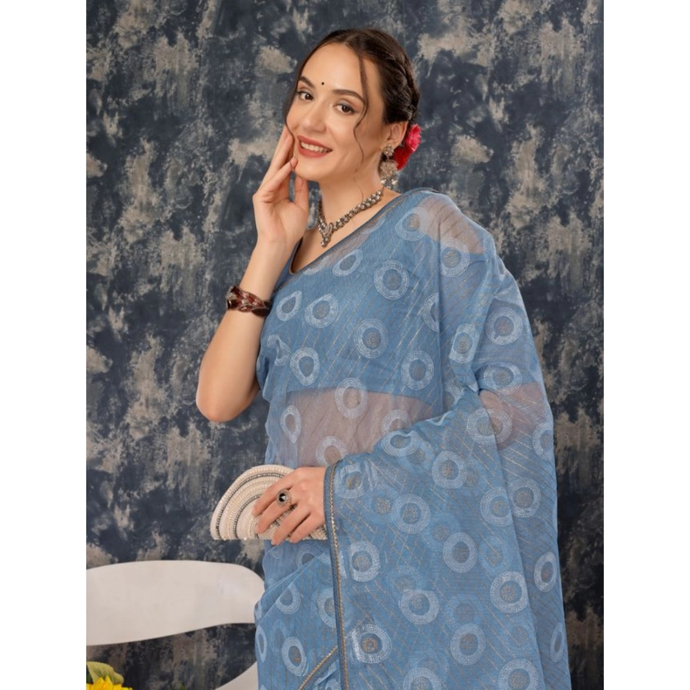 Generic Women's Linen Gola Printed Saree With Unstitched Blouse (Blue, 5-6 Mtrs)