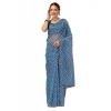 Generic Women's Linen Zig Zag Saree With Unstitched Blouse (Blue, 5-6 Mtrs)