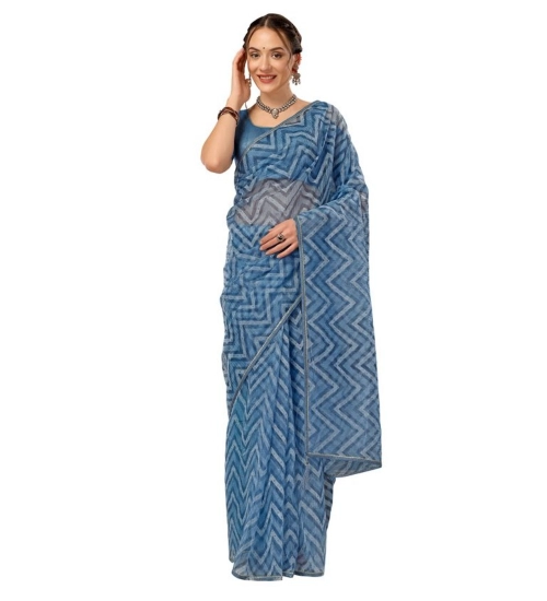 Generic Women's Linen Zig Zag Saree With Unstitched Blouse (Blue, 5-6 Mtrs)