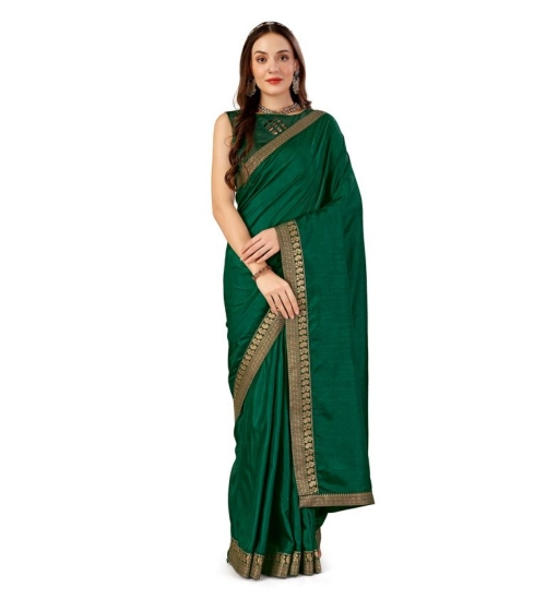 Generic Women's Vichitra Plain Saree With Unstitched Blouse (Green, 5-6 Mtrs)