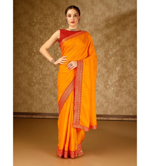 Generic Women's Vichitra Plain Saree With Unstitched Blouse (Yellow, 5-6 Mtrs)