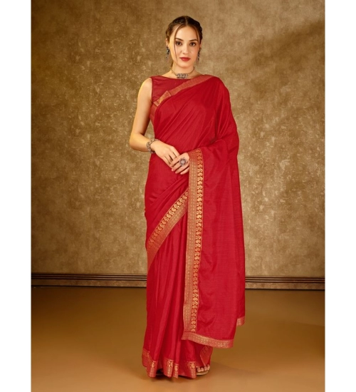 Generic Women's Vichitra Plain Saree With Unstitched Blouse (Red, 5-6 Mtrs)