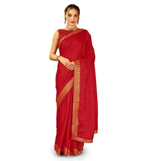 Generic Women's Vichitra Plain Saree With Unstitched Blouse (Red, 5-6 Mtrs)