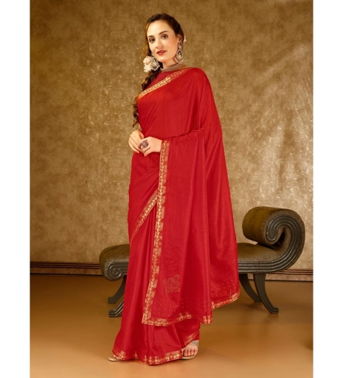 Generic Women's Vichitra Printed Saree With Unstitched Blouse (Red, 5-6 Mtrs)