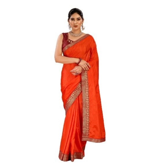 Generic Women's Vichitra Plain Saree With Unstitched Blouse (Orange, 5-6 Mtrs)