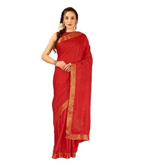 Generic Women's Vichitra Swiroshki Butta Saree With Unstitched Blouse (Red, 5-6 Mtrs)