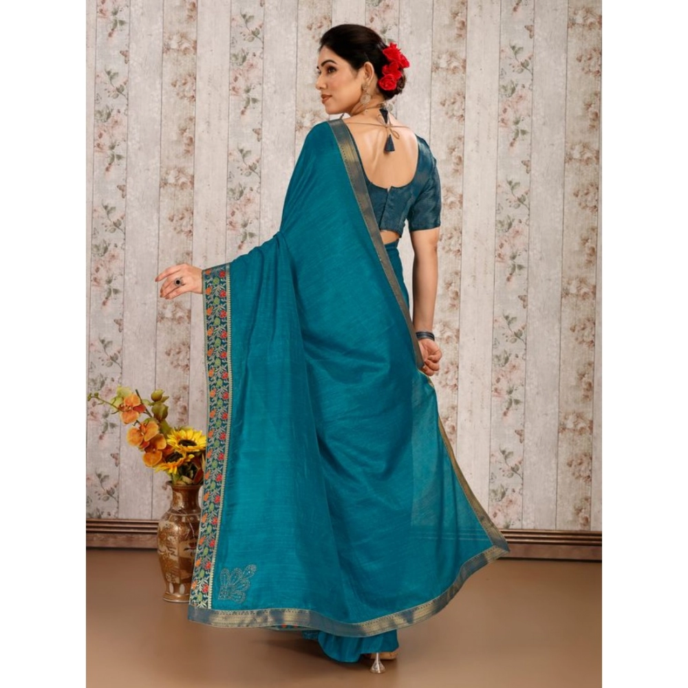 Generic Women's Vichitra Swiroshki Butta Saree With Unstitched Blouse (Teal Blue, 5-6 Mtrs) Generic Women's Vichitra Swiroshki Butta Saree With Unstitched Blouse (Teal Blue, 5-6 Mtrs)