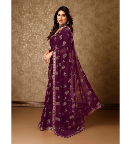 Generic Women's Zomto Patta Chiffon Saree With Unstitched Blouse (Wine, 5-6 Mtrs)