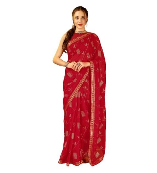 Generic Women's Zomto Patta Chiffon Saree With Unstitched Blouse (Red, 5-6 Mtrs)