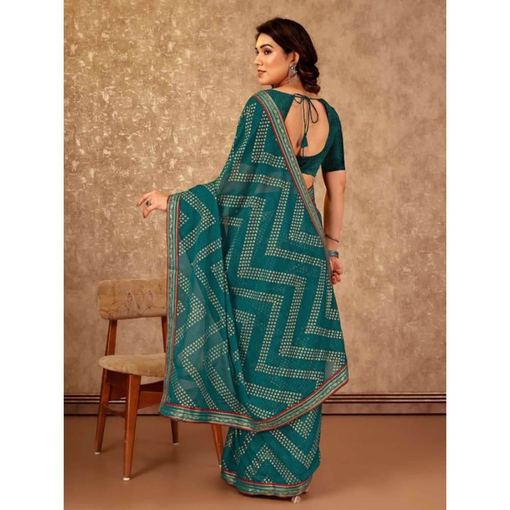 Generic Women's Zomto Zig Zag Saree With Unstitched Blouse (Teal Blue, 5-6 Mtrs) Generic Women's Zomto Zig Zag Saree With Unstitched Blouse (Teal Blue, 5-6 Mtrs)