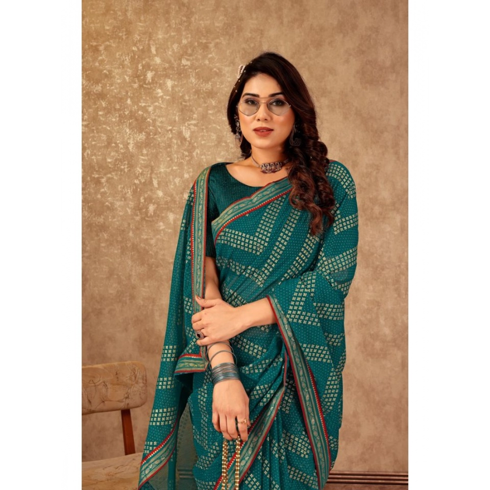 Generic Women's Zomto Zig Zag Saree With Unstitched Blouse (Teal Blue, 5-6 Mtrs) Generic Women's Zomto Zig Zag Saree With Unstitched Blouse (Teal Blue, 5-6 Mtrs)