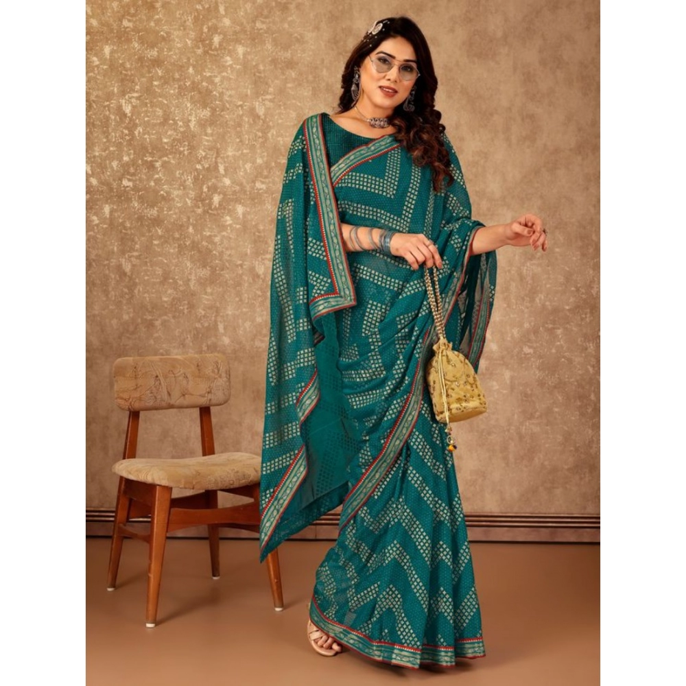 Generic Women's Zomto Zig Zag Saree With Unstitched Blouse (Teal Blue, 5-6 Mtrs) Generic Women's Zomto Zig Zag Saree With Unstitched Blouse (Teal Blue, 5-6 Mtrs)