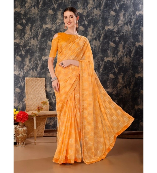 Generic Women's Zomto Checked Saree With Unstitched Blouse (Yellow, 5-6 Mtrs)