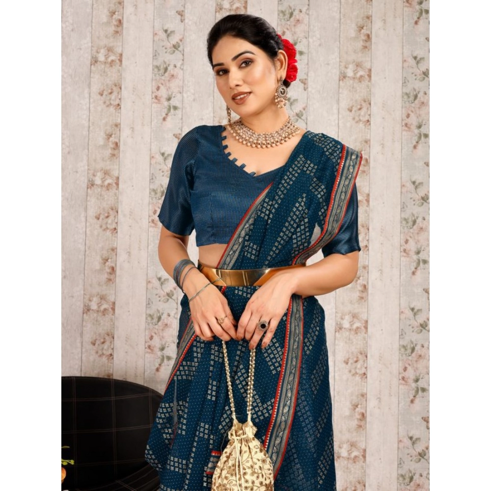 Generic Women's Zomto Zig Zag Saree With Unstitched Blouse (Blue, 5-6 Mtrs) Generic Women's Zomto Zig Zag Saree With Unstitched Blouse (Blue, 5-6 Mtrs)