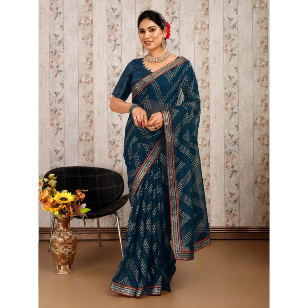 Generic Women's Zomto Zig Zag Saree With Unstitched Blouse (Blue, 5-6 Mtrs) Generic Women's Zomto Zig Zag Saree With Unstitched Blouse (Blue, 5-6 Mtrs)