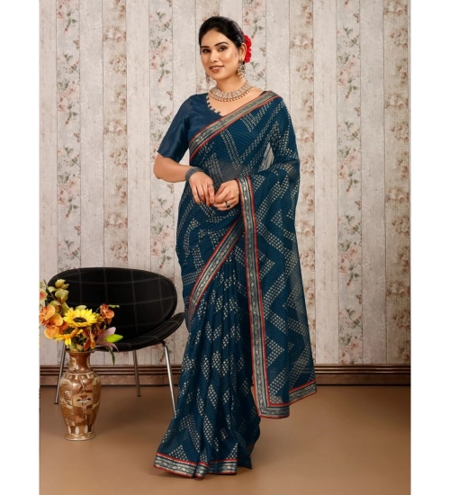 Generic Women's Zomto Zig Zag Saree With Unstitched Blouse (Blue, 5-6 Mtrs)