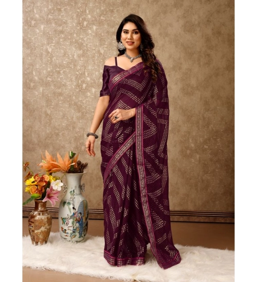 Generic Women's Zomto Zig Zag Saree With Unstitched Blouse (Wine, 5-6 Mtrs) Generic Women's Zomto Zig Zag Saree With Unstitched Blouse (Wine, 5-6 Mtrs)