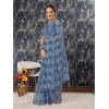 Generic Women's Linen Floral Printed Saree With Unstitched Blouse (Blue, 5-6 Mtrs)