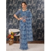 Generic Women's Linen Floral Printed Saree With Unstitched Blouse (Blue, 5-6 Mtrs)