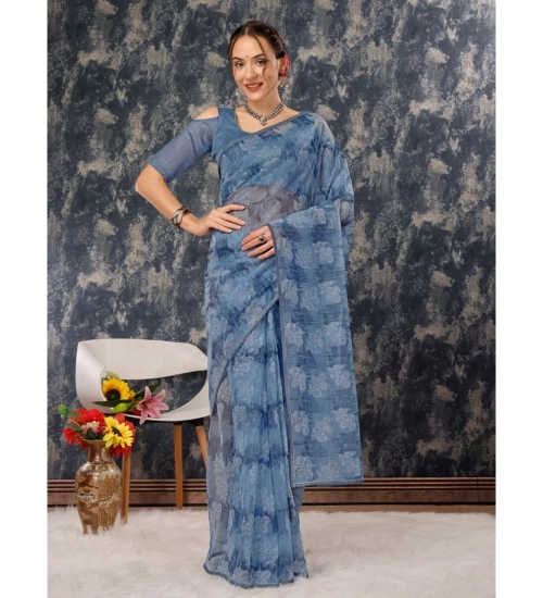 Generic Women's Linen Floral Printed Saree With Unstitched Blouse (Blue, 5-6 Mtrs)