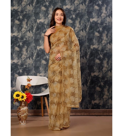 Generic Women's Linen Floral Printed Saree With Unstitched Blouse (Brown, 5-6 Mtrs)
