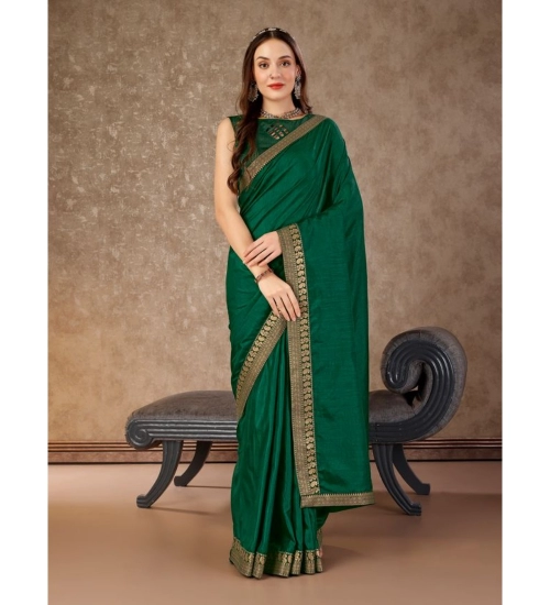 Generic Women's Vichitra Plain Saree With Unstitched Blouse (Green, 5-6 Mtrs)