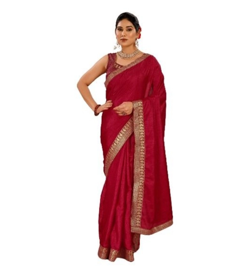 Generic Women's Vichitra Plain Saree With Unstitched Blouse (Maroon, 5-6 Mtrs)