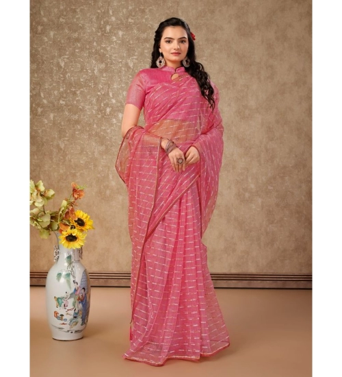 Generic Women's Linen Line Saree With Unstitched Blouse (Pink, 5-6 Mtrs)