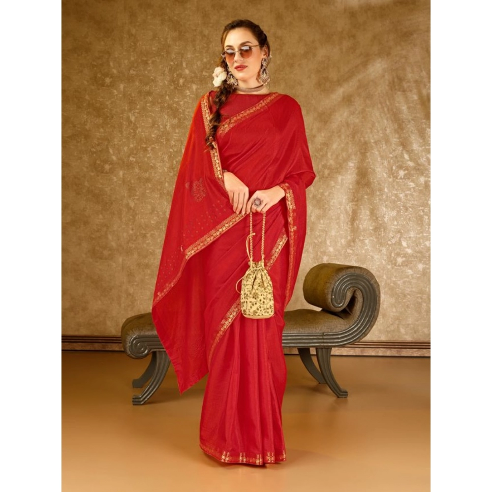 Generic Women's Vichitra Printed Saree With Unstitched Blouse (Red, 5-6 Mtrs)