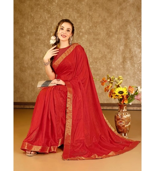 Generic Women's Vichitra Swiroshki Butta Saree With Unstitched Blouse (Red, 5-6 Mtrs)
