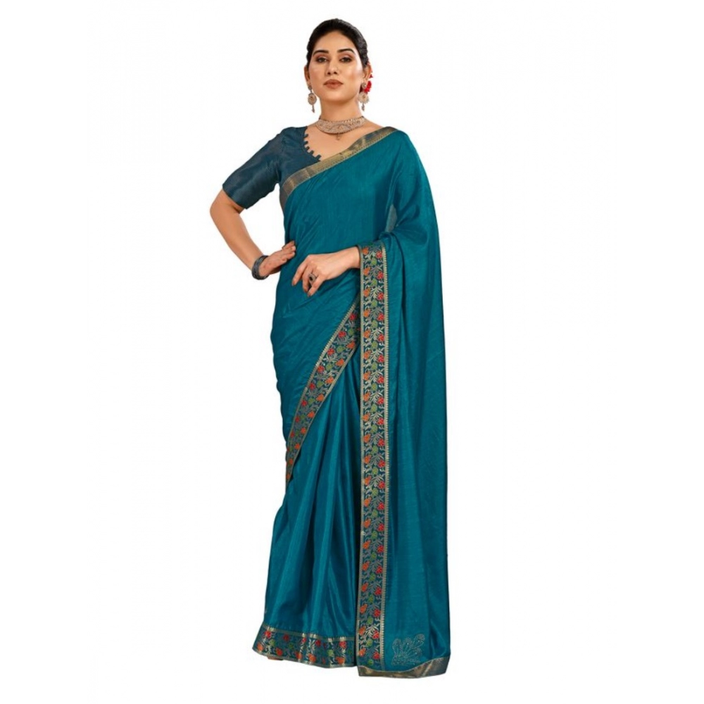 Generic Women's Vichitra Swiroshki Butta Saree With Unstitched Blouse (Teal Blue, 5-6 Mtrs) Generic Women's Vichitra Swiroshki Butta Saree With Unstitched Blouse (Teal Blue, 5-6 Mtrs)