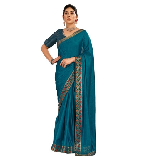 Generic Women's Vichitra Swiroshki Butta Saree With Unstitched Blouse (Teal Blue, 5-6 Mtrs)