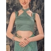 Generic Women's Chiffon Fabric Line Saree With Unstitched Blouse (Turquoise green, 5-6 Mtrs)