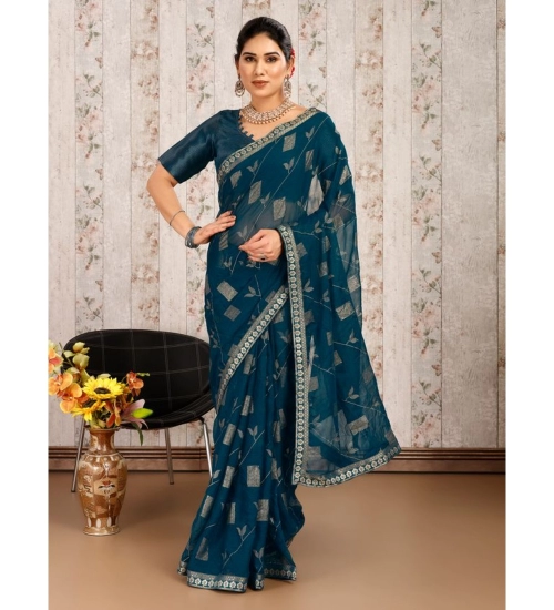 Generic Women's Zomto Patta Chiffon Saree With Unstitched Blouse (Blue, 5-6 Mtrs)