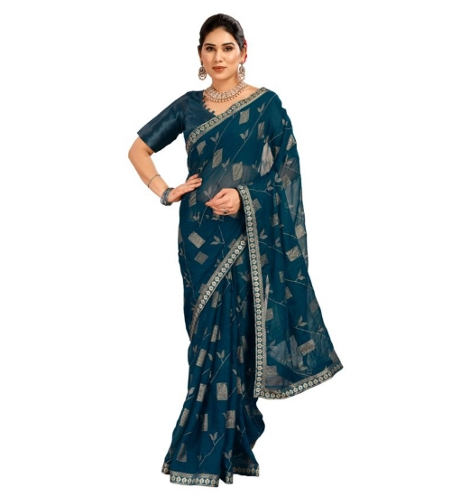 Generic Women's Zomto Patta Chiffon Saree With Unstitched Blouse (Blue, 5-6 Mtrs)
