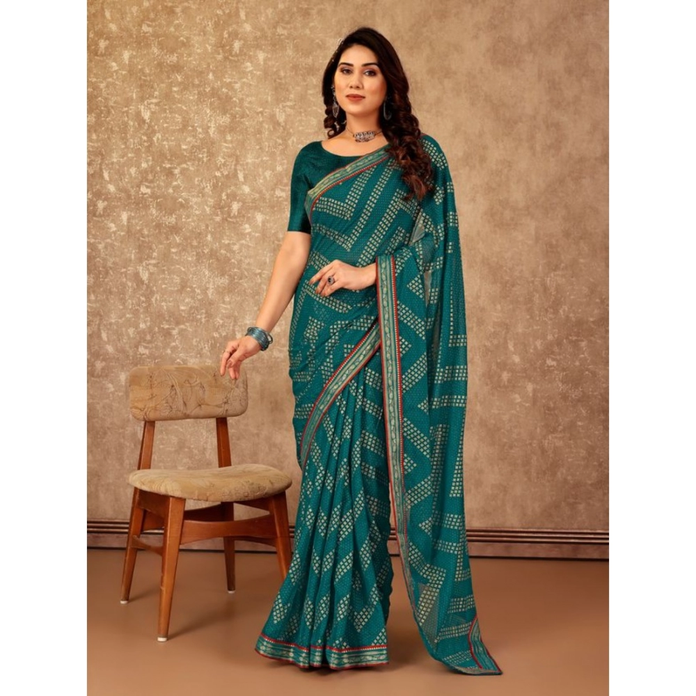 Generic Women's Zomto Zig Zag Saree With Unstitched Blouse (Teal Blue, 5-6 Mtrs) Generic Women's Zomto Zig Zag Saree With Unstitched Blouse (Teal Blue, 5-6 Mtrs)