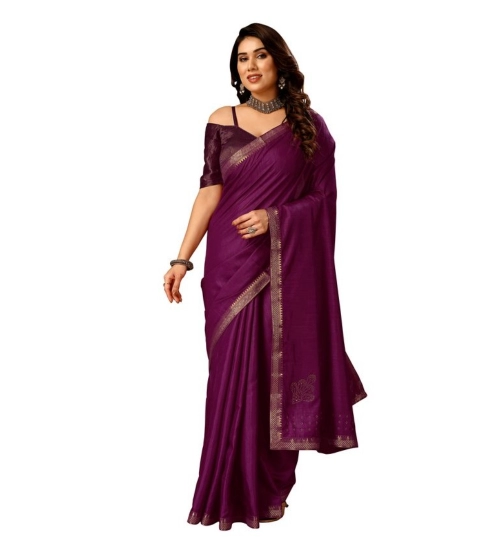 Generic Women's Vichitra Swiroshki Butta Saree With Unstitched Blouse (Wine, 5-6 Mtrs)