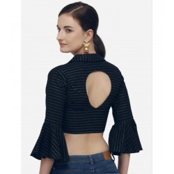 Generic Women's Cotton Striped Readymade Blouse (Navy Blue, Size: Free Size)