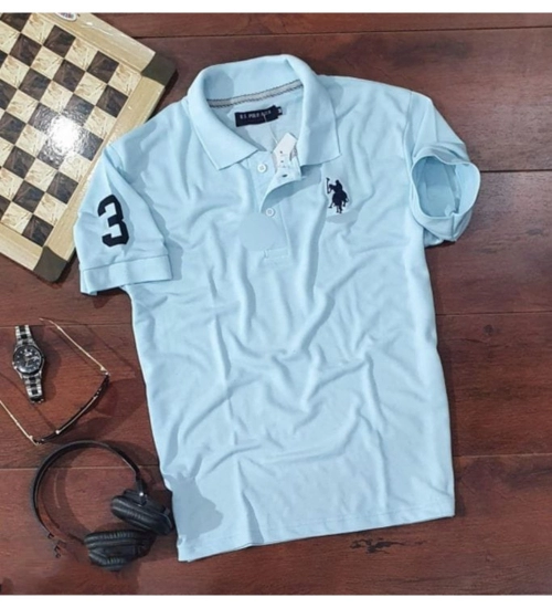 Generic Men's Casual Half sleeve Solid Cotton Polo Neck T-shirt (Sky Blue)