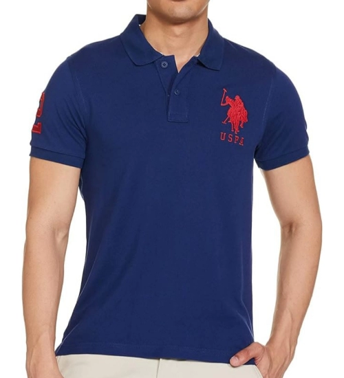Generic Men's Casual Half sleeve Solid Cotton Polo Neck T-shirt (Dark Blue)